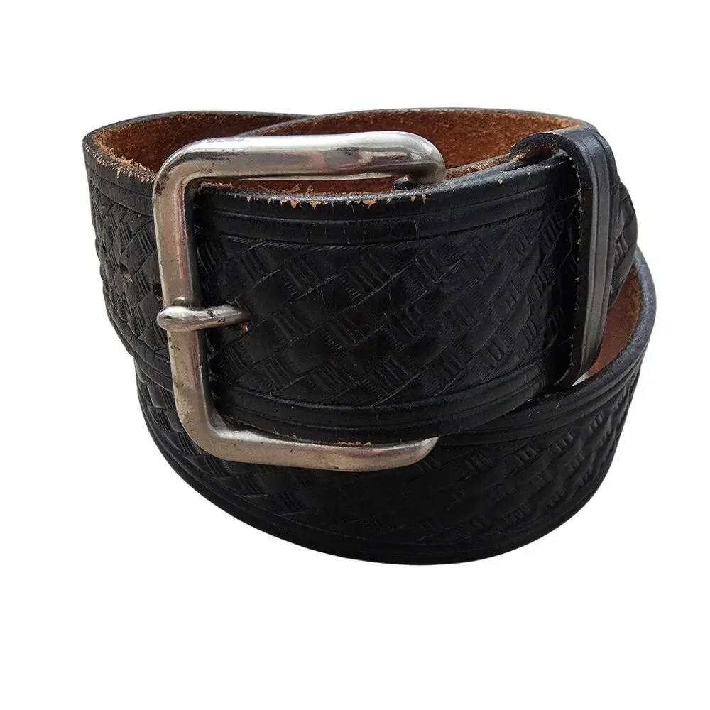 Vintage Chambers Phoenix Black Embossed Leather Belt Faux Woven sz 30 Retro